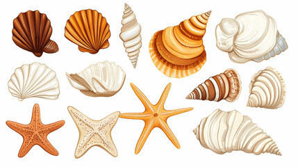 Obraz premium Seashells and starfish collection; ocean beach summer background; perfect for travel brochures