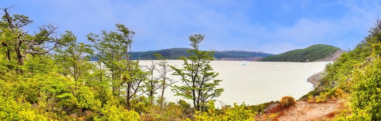 Lago Grey with floating icebergs and stunning mountain backdrop in Torres del Paine National Park