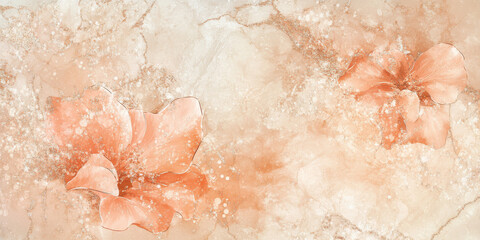 Fototapeta premium Abstract peach and rose gold floral marble texture background. Gentle, warm tones with delicate metallic details create a sophisticated and dreamy visual.