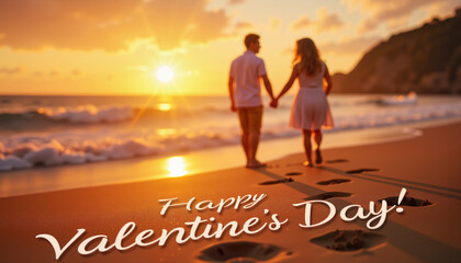 Couple walking hand in hand on beach at sunset, romantic celebration