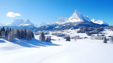 Fototapeta premium Snowy Alps mountain range winter landscape, village in valley. Perfect for travel brochures