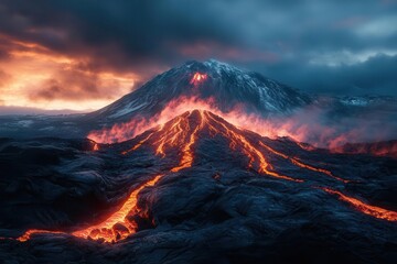 majestic volcanic mountain peak emerging through misty clouds at sunset, with dramatic red-orange alpenglow illuminating snow-covered ridges and ancient lava flows