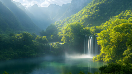 Fototapeta premium Photo - Serene Waterfall Landscape Green Nature Mountains Lake Forest Sunlight Mist