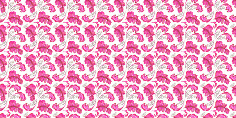 Watercolor seamless pattern with stylized pink and gold abstract acanthus leaves
