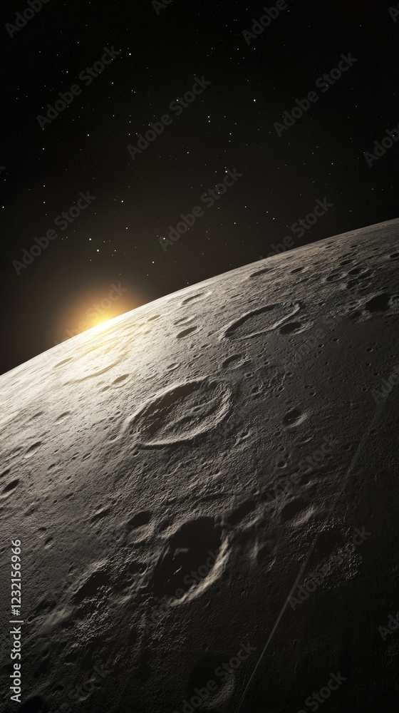 Aufkleber Sunlight is illuminating craters on mercury surface, creating a dramatic contrast between light and shadow, with a backdrop of distant stars in the vast expanse of space