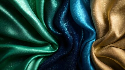Fototapeta premium Satin Luxe: A mesmerizing abstract pattern of luxurious satin fabric in rich teal, navy and gold hues. The soft folds and shimmering texture create an elegant and visually captivating backdrop.