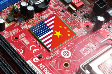 Flag of the Republic of China and the United States on microchip of a printed electronic board. Concept for world supremacy in microchip and semiconductor manufacturing.