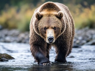Fototapeta premium Majestic Brown Bear Strolling Through Shallow Waters on a Cloudy Day Outdoors