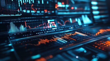 Fototapeta premium A 3D futuristic holographic interface displaying stock market data, fintech innovation, high-tech, isolated on white background. 