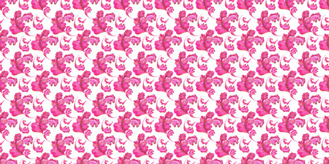 Watercolor seamless pattern with stylized pink and gold abstract acanthus leaves