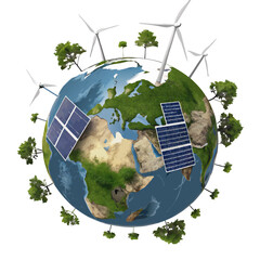 Globe made of solar panels and wind turbines, on a white background, symbol of sustainable energy and ecological future