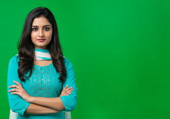 Confident Young Indian Woman Crossing Arms with Determination, Isolated on Green Chroma Background