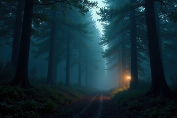 Fototapeta premium A dark and mysterious forest with strange lights, misty, eerie, forest
