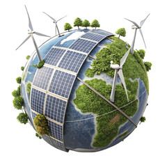 Globe made of solar panels and wind turbines, on a white background, symbol of sustainable energy and ecological future