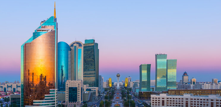 Scenic aerial view of the center of the capital of Kazakhstan, Astana city on a summer evening