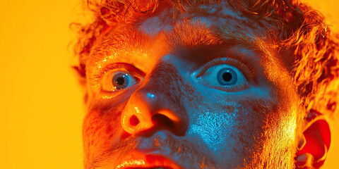 Obraz premium Close-up Portrait: Young Man's Face with Orange and Blue Lighting