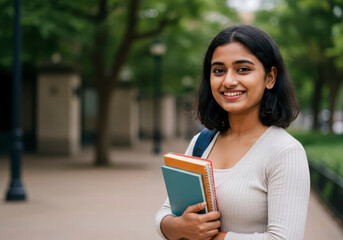 Fototapeta premium Confident Young Indian Woman at Campus, Embracing Learning with Books and a Bright Academic Spirit