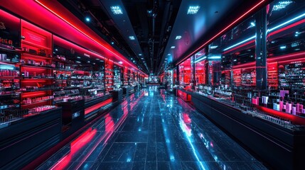 Neon-lit cosmetics store aisle, shoppers