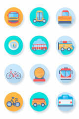 Transportation icons buses, bikes, and trams; city public transport app design