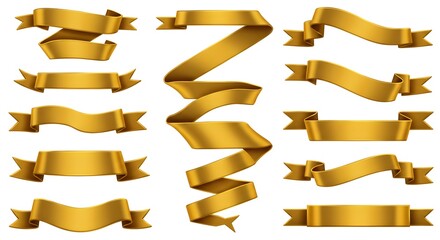 Golden Ribbon Banners Collection on White Background

