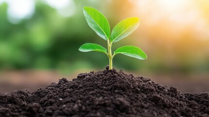 Naklejka premium A small green plant is growing in the dirt