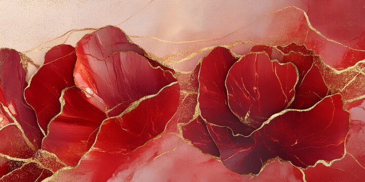 Abstract ruby red and gold floral marble texture background. Rich, flowing tones enhanced by shimmering golden veins for a warm, luxurious visual.