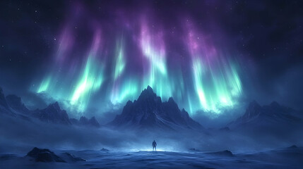 Naklejka premium Illustration - Aurora Borealis Night Sky Mountains Fantasy Landscape