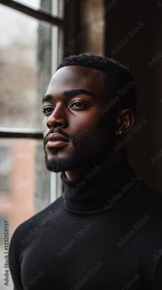 Poster a multiethnic man stands near a window, lost in thought as soft light highlights his features. the m