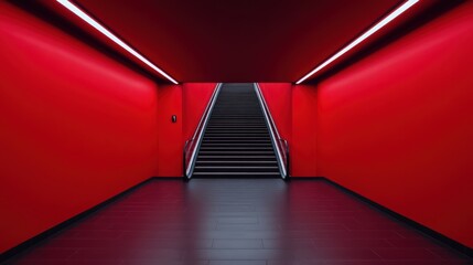 Obraz premium A red hallway with a black staircase leading up to a higher level