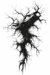 Twisted dark tree art, isolated white background, fantasy illustration, ideal for gothic design