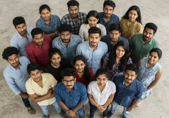 Fototapeta premium Happy Indian Friends Looking Up Together, Vibrant Top-Down Shot Showcasing Unity and Joyful Expressions