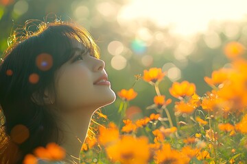 Naklejka premium Woman enjoys the warmth of a sunlit field surrounded by blossoms. Generative AI