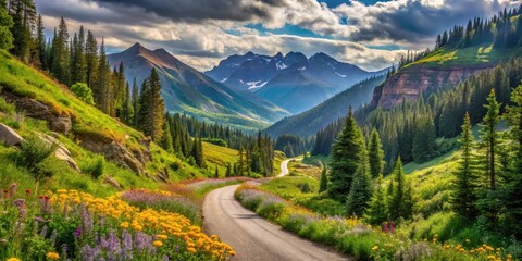 Naklejka premium Winding mountain road with dense foliage and wildflowers leading to a scenic mountain pass , wilderness, mountains
