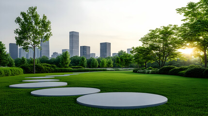 Urban park sunrise, stepping stones path, cityscape background, perfect for advertisement
