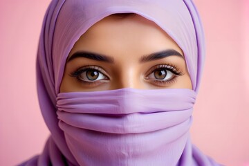 Naklejka premium Arab woman with a purple hijab covering her face looking at the camera against the light pastel pink background with copy space.