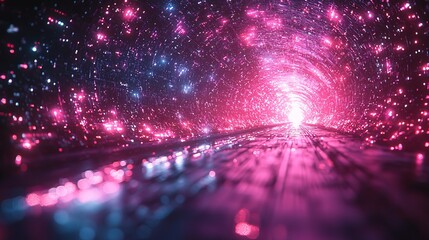 Futuristic Moving Cyberspace with Distorted Technical Glitch Effect – Digital Abstract Technology Background in Blue and Purple Hues