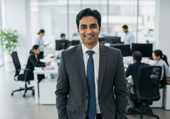 Fototapeta premium Confident Asian Indian Businessman in Suit Standing Proudly in Modern Office, Team in Blurry Background