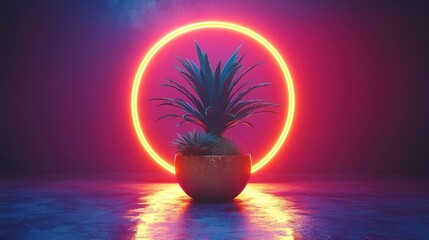 Neon-lit plant, studio, vibrant background, d?cor