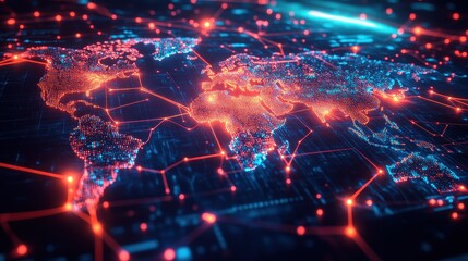 Obraz premium A 3D-rendered neon world map with bright, pulsating trade connections, displaying major economic hubs linked by luminous fiber-optic highways. 