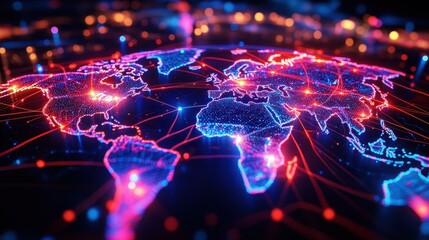 Obraz premium A 3D-rendered neon world map with bright, pulsating trade connections, displaying major economic hubs linked by luminous fiber-optic highways. 