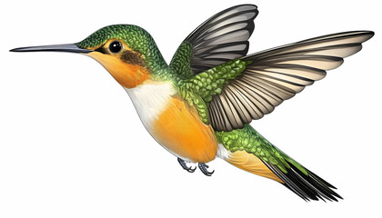 Obraz premium Vibrant hummingbird in flight against white background; ideal for nature, wildlife, or educational projects