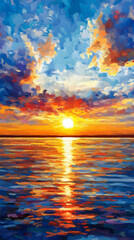 Fototapeta premium Vibrant sunset over calm ocean; fiery sky reflected in water; peaceful scene; ideal for travel brochures