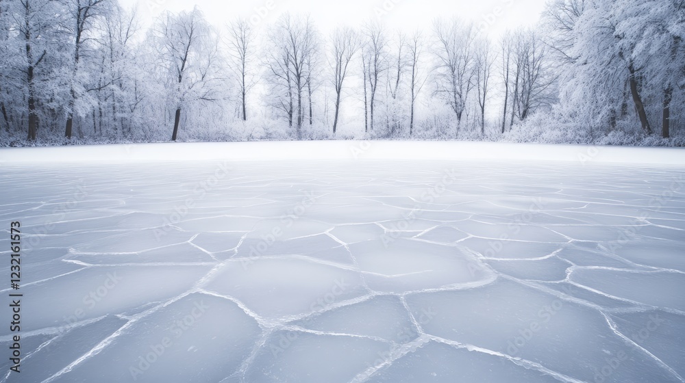 Poster beautiful winter landscape showing a frozen lake with cracked ice surface and snowy trees in the bac