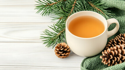 Warm herbal tea with pine branches and cones on a white wooden table. Cozy winter drink for holiday season blogs, websites, or greeting cards