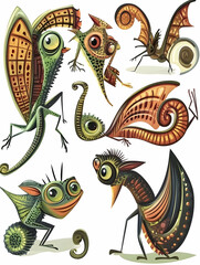 Whimsical fantasy creatures; vibrant, intricate designs; white background; children's book illustration