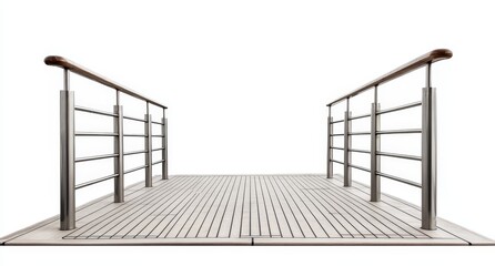 Wooden deck with metal railings isolated on white.