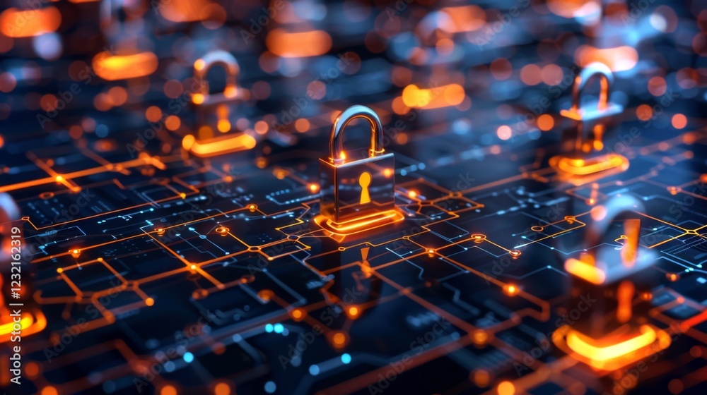 Leinwandbilder Various digital locks glow on a circuit board filled with intricate patterns, highlighting the significance of security in the digital landscape at night.