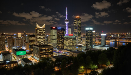 Obraz premium City skyline illuminated at night with modern buildings