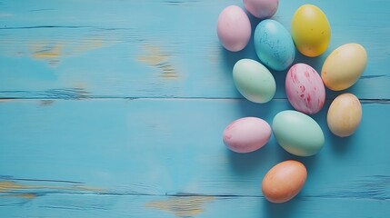Beautiful colorful easter eggs on blue wooden