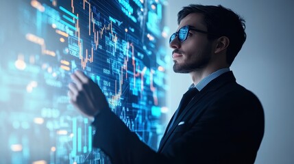 A businessman with a holographic stock chart projection, futuristic financial technology, 3D render, isolated on white background. 